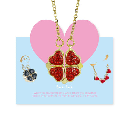 Gold Plated Four-Leaf Clover Necklace with Love Greeting Cards and Cleaning Cloth, Double-Sided Red and Black Clover Necklace Gold Jewelry Set, Gold Necklaces for Women