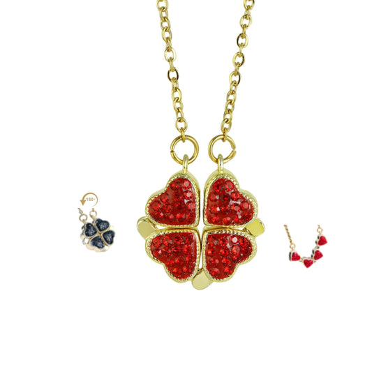 Gold Plated Four-Leaf Clover Necklace with Love Greeting Cards and Cleaning Cloth, Double-Sided Red and Black Clover Necklace Gold Jewelry Set, Gold Necklaces for Women