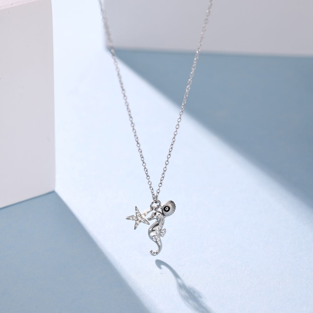 Summer Ocean Series: S925 Silver 18K White Gold Plated Necklace with White Zircon Starfish, Seahorse, Hollow Shell, and Evil Eye Design