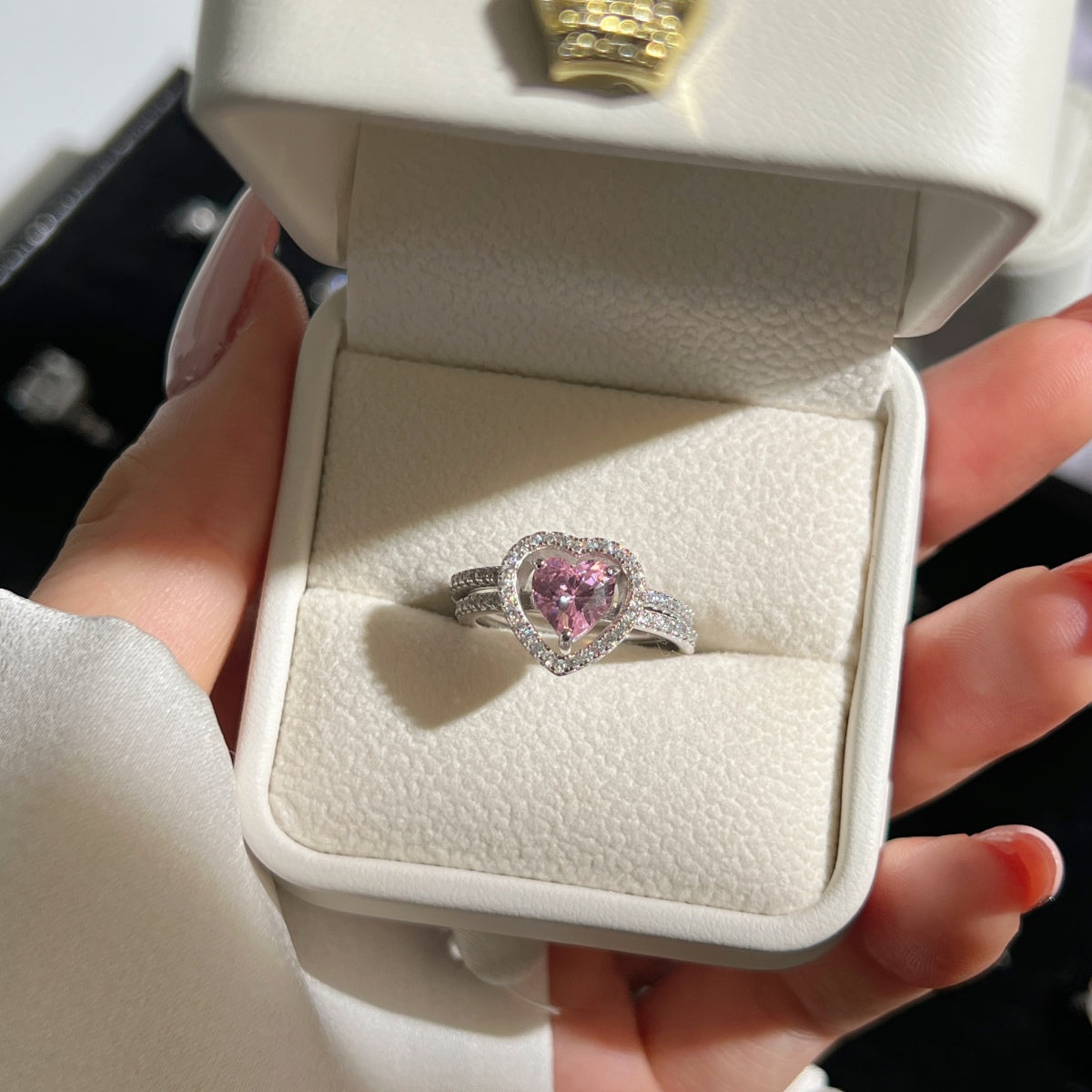 Astral Trace Collection S925 Sterling Silver Pink Heart Cut Sona Simulated Diamond Hollow-Out Design Ring - BlingHealing