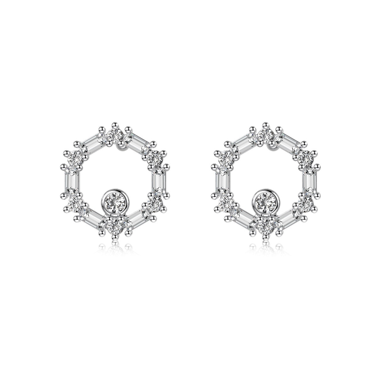 Ice Aura Series S925 Sterling Silver Women's Earrings  with White Sona Simulated Diamonds in Emerald Cut - Fashionable Hollow Circle Design