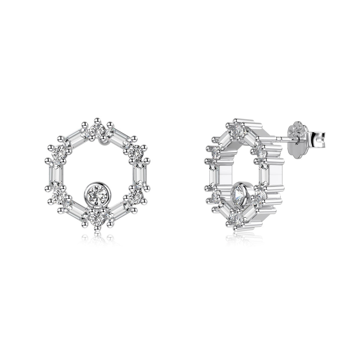 Ice Aura Series S925 Sterling Silver Women's Earrings  with White Sona Simulated Diamonds in Emerald Cut - Fashionable Hollow Circle Design