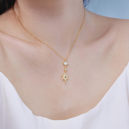 Summer Ocean Series: S925 Silver 18K Yellow Gold Plated Necklace with White Australian Opal and Blue Round Starfish Design - Unique and Fashionable