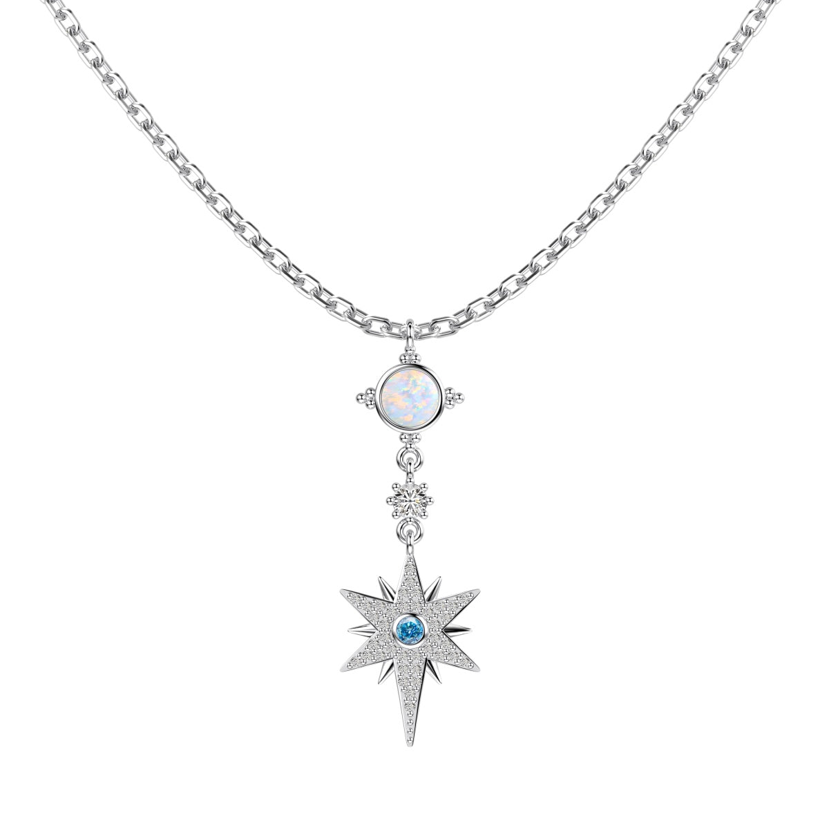 Summer Ocean Series: S925 Silver 18K White Gold Plated Necklace with White Australian Opal and Blue Round Starfish Design - Unique and Fashionable