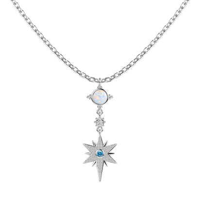 Summer Ocean Series: S925 Silver 18K White Gold Plated Necklace with White Australian Opal and Blue Round Starfish Design - Unique and Fashionable