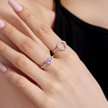 Astral Trace Collection S925 Sterling Silver Pink Heart Cut Sona Simulated Diamond Hollow-Out Design Ring - BlingHealing