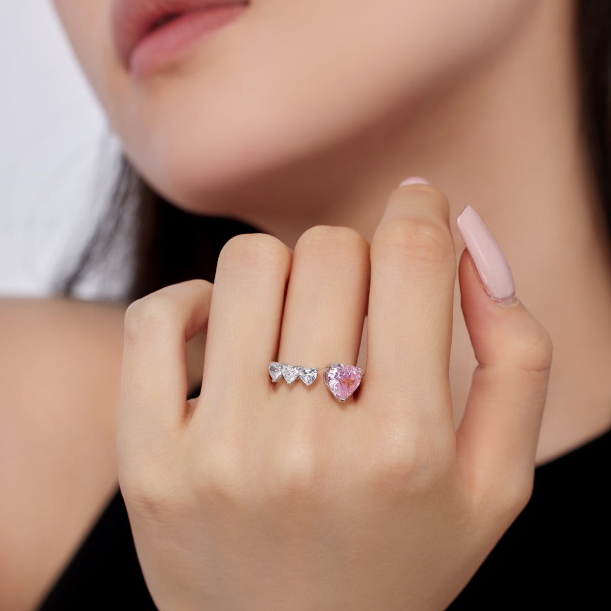 BlingHealing S925 Sterling Silver 18K White Gold Plated Pink & White Heart-Shaped Sona Simulated Diamond Hollow-Out Design Ring