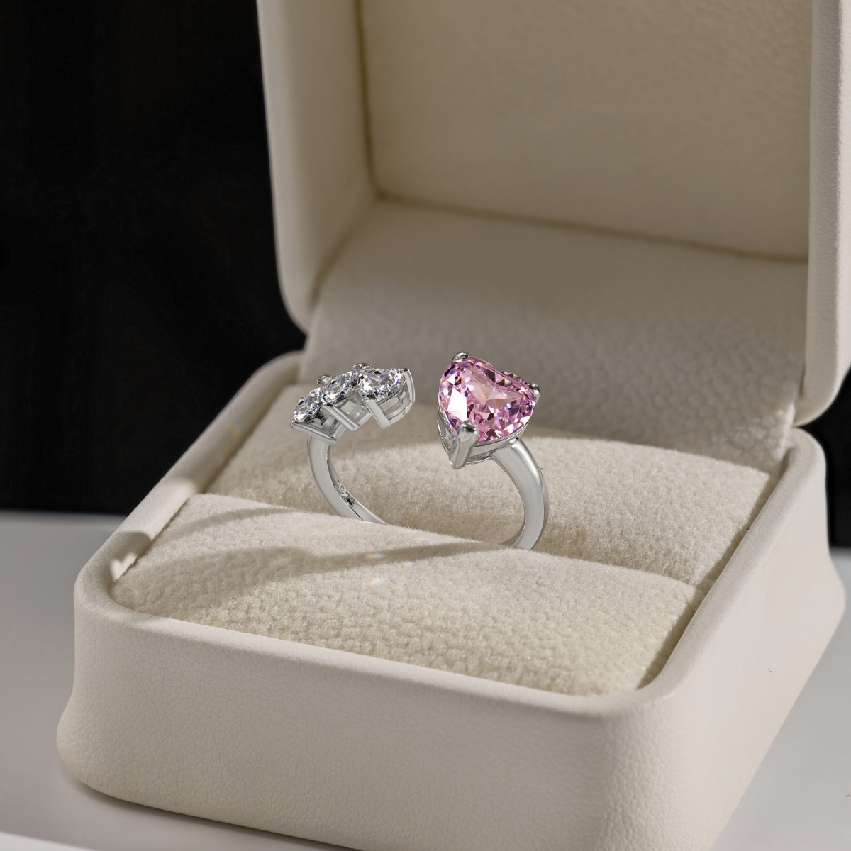 BlingHealing S925 Sterling Silver 18K White Gold Plated Pink & White Heart-Shaped Sona Simulated Diamond Hollow-Out Design Ring