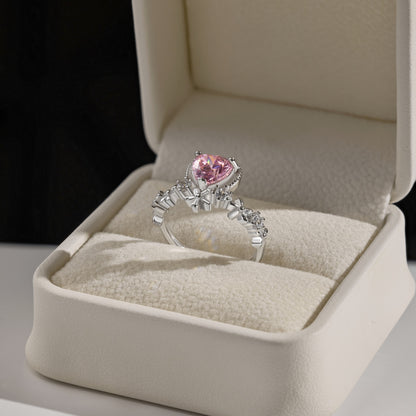 Astral Trace Collection S925 Sterling Silver 18K White Gold Plated Pink Heart-Cut Sona Simulated Diamond Flower Design Ring - BlingHealing