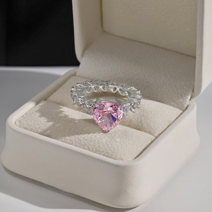 Astral Trace Series: S925 Sterling Silver 4.0 Carats 8A Pink Heart-Cut Center Stone Ring with Diamond-like White Zirconia Accents - Elegant Wedding Ring for Women