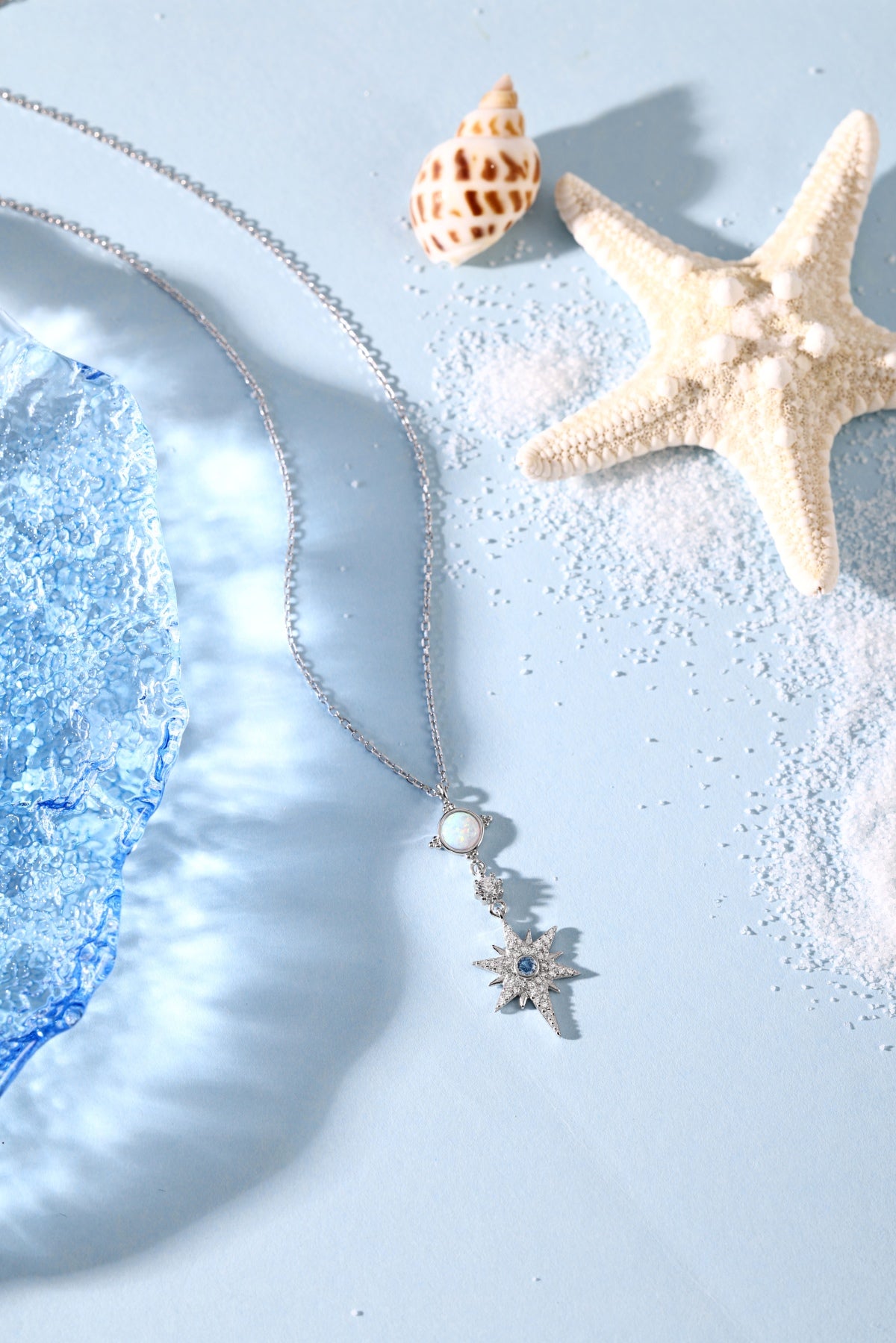 Summer Ocean Series: S925 Silver 18K White Gold Plated Necklace with White Australian Opal and Blue Round Starfish Design - Unique and Fashionable