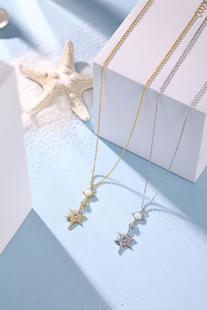 Summer Ocean Series: S925 Silver 18K White Gold Plated Necklace with White Australian Opal and Blue Round Starfish Design - Unique and Fashionable