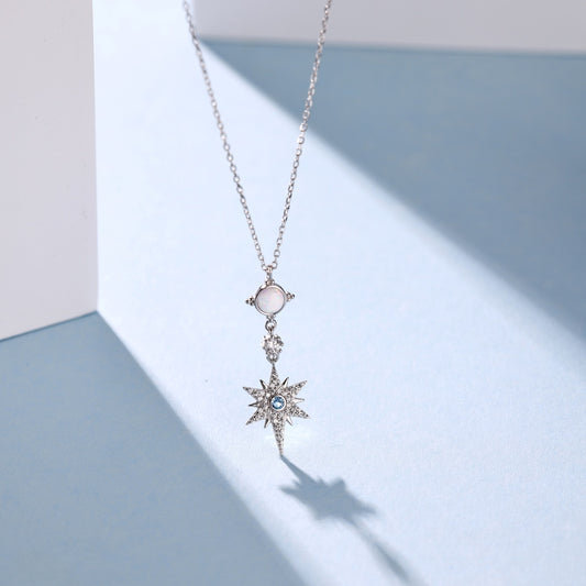 Summer Ocean Series: S925 Silver 18K White Gold Plated Necklace with White Australian Opal and Blue Round Starfish Design - Unique and Fashionable