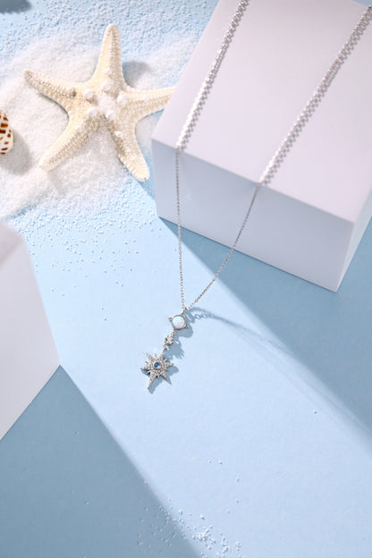 Summer Ocean Series: S925 Silver 18K White Gold Plated Necklace with White Australian Opal and Blue Round Starfish Design - Unique and Fashionable