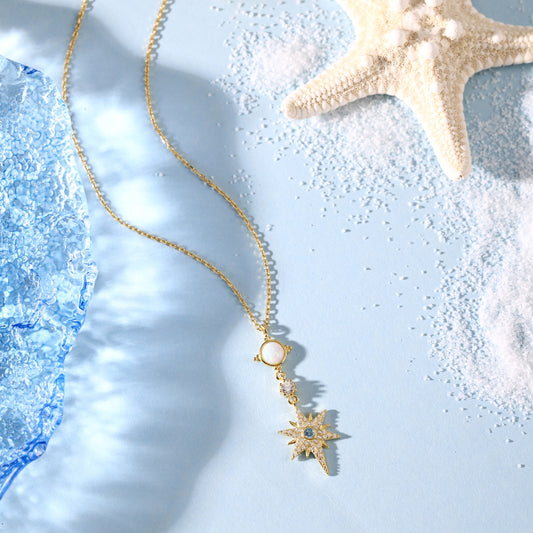 Summer Ocean Series: S925 Silver 18K Yellow Gold Plated Necklace with White Australian Opal and Blue Round Starfish Design - Unique and Fashionable