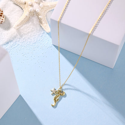 Summer Ocean Series: S925 Silver 18K Yellow Gold Plated Necklace with White Zircon Starfish, Seahorse, Hollow Shell, and Evil Eye Design