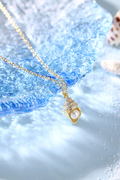 Summer Ocean Series: S925 Silver 18K Yellow Gold Plated Necklace with White Pearl Shell and Round Zircon - Luxurious and Versatile