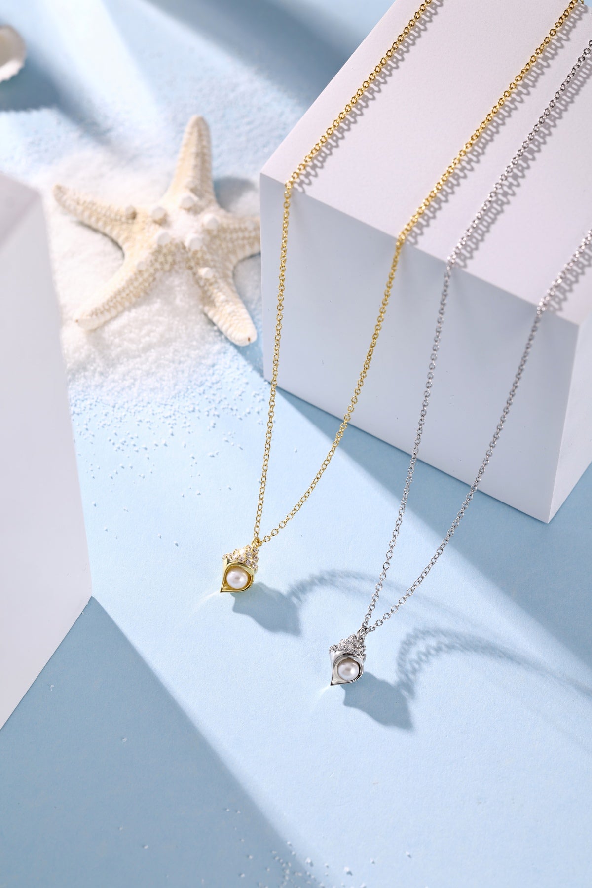 Summer Ocean Series: S925 Silver 18K Yellow Gold Plated Necklace with White Pearl Shell and Round Zircon - Luxurious and Versatile