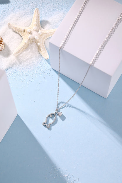 Summer Ocean Series: S925 Silver 18K White Gold Plated Necklace with White Zircon Inlaid Fat Triangle and Hollow Little Fish - Exquisite, Stylish, and Versatile