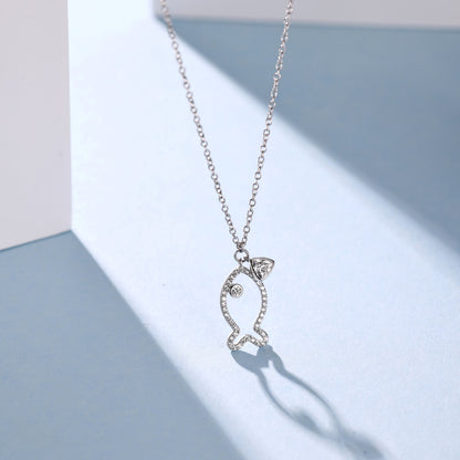 Summer Ocean Series: S925 Silver 18K White Gold Plated Necklace with White Zircon Inlaid Fat Triangle and Hollow Little Fish - Exquisite, Stylish, and Versatile