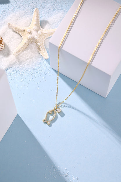 Summer Ocean Series: S925 Silver 18K Yellow Gold Plated Necklace with White Zircon Inlaid Fat Triangle and Hollow Little Fish - Exquisite, Stylish, and Versatile