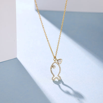 Summer Ocean Series: S925 Silver 18K Yellow Gold Plated Necklace with White Zircon Inlaid Fat Triangle and Hollow Little Fish - Exquisite, Stylish, and Versatile