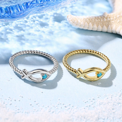 Summer Ocean Series: S925 Silver Blue Turquoise Fish Design Hollowed Hemp Rope Ring - Minimalist, Stylish, and Versatile