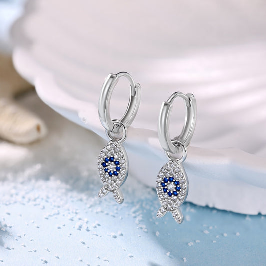 Summer Ocean Series: S925 Silver Earrings with White and Blue Zircon Fish Design - Simple, Stylish, and Delicate