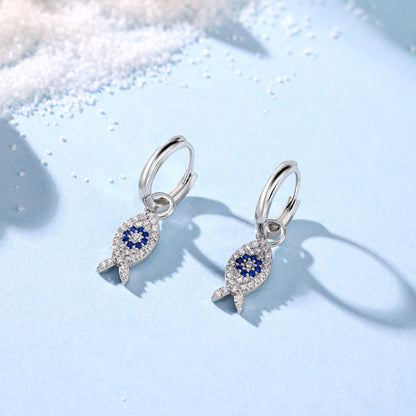 Summer Ocean Series: S925 Silver Earrings with White and Blue Zircon Fish Design - Simple, Stylish, and Delicate