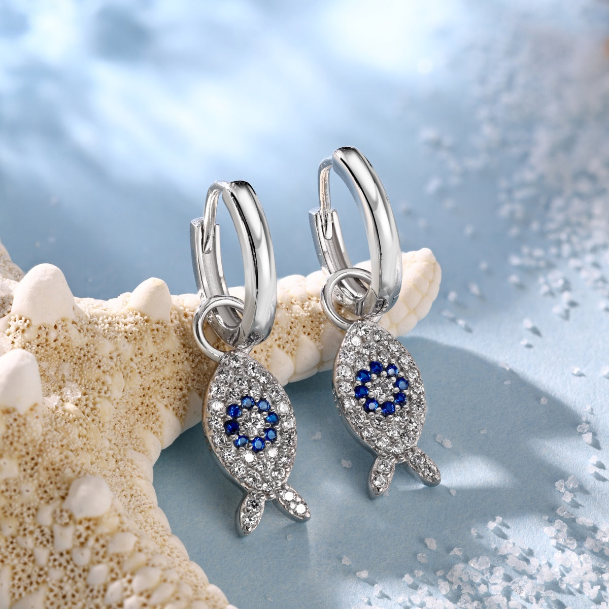 Summer Ocean Series: S925 Silver Earrings with White and Blue Zircon Fish Design - Simple, Stylish, and Delicate