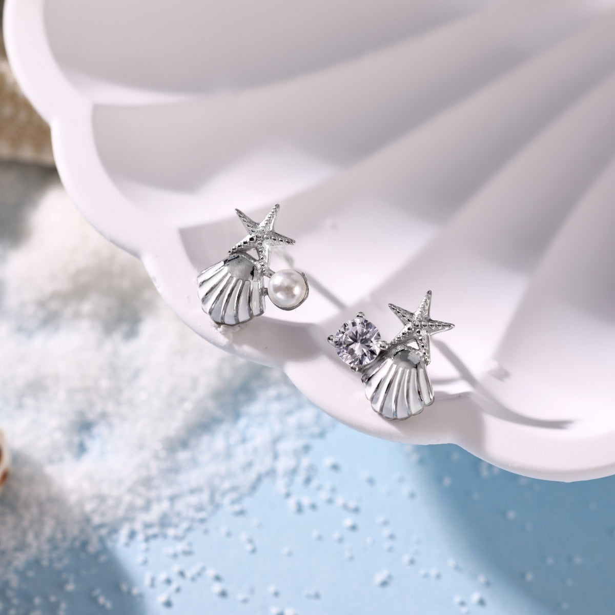 Summer Ocean Series: S925 Silver Earrings with White Zircon and Pearl Shell Star Design - Unique and Delicate