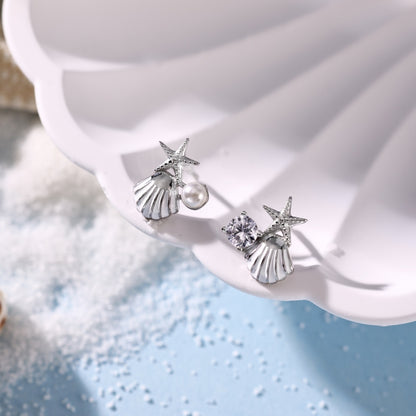 Summer Ocean Series: S925 Silver Earrings with White Zircon and Pearl Shell Star Design - Unique and Delicate