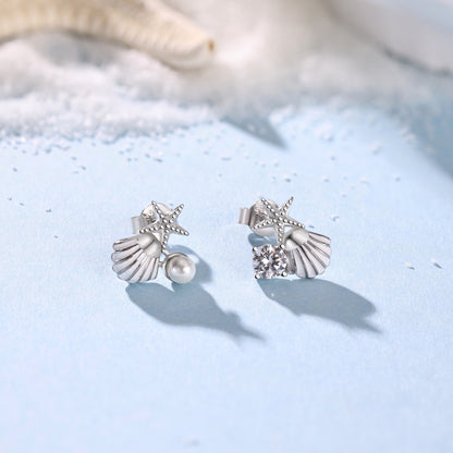 Summer Ocean Series: S925 Silver Earrings with White Zircon and Pearl Shell Star Design - Unique and Delicate