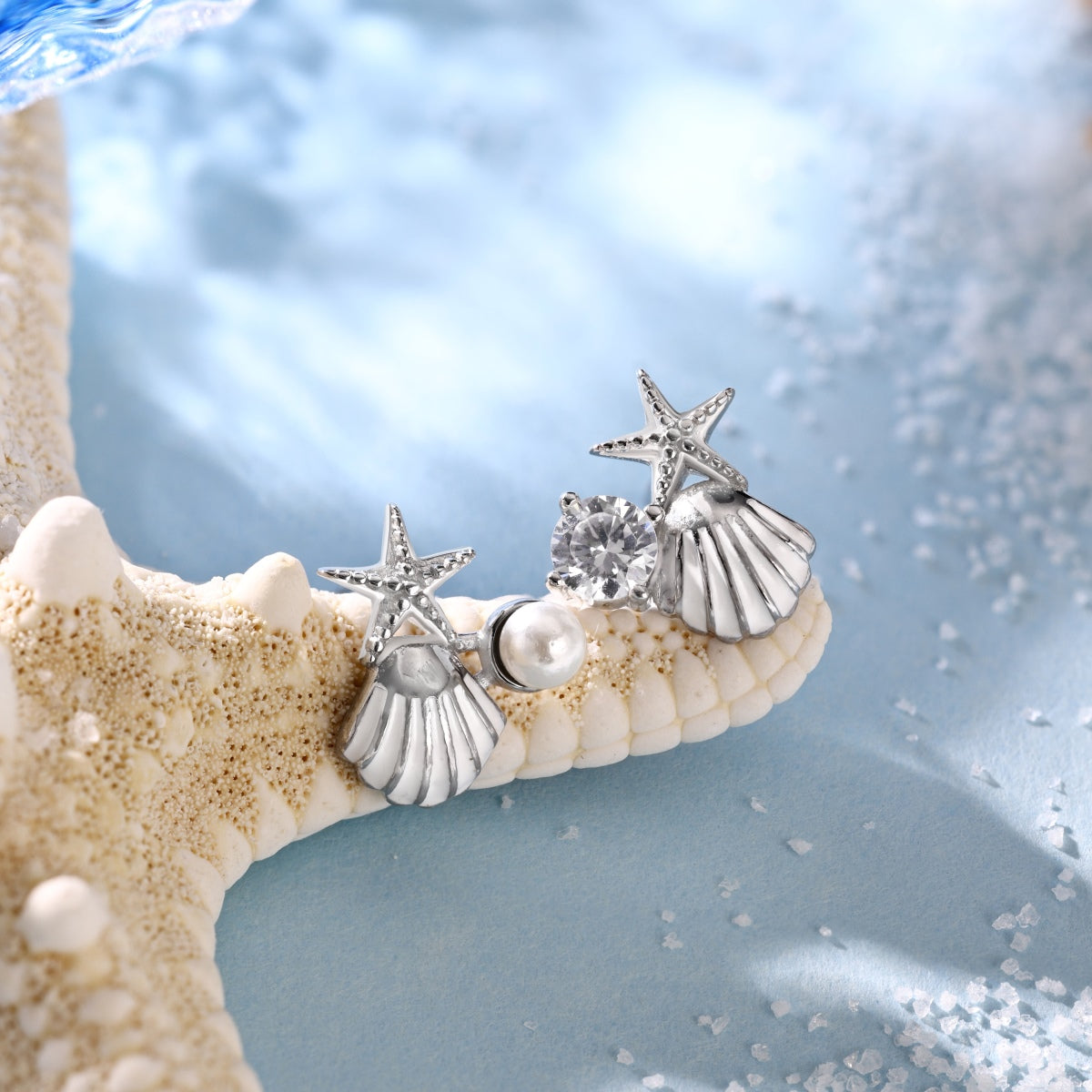 Summer Ocean Series: S925 Silver Earrings with White Zircon and Pearl Shell Star Design - Unique and Delicate