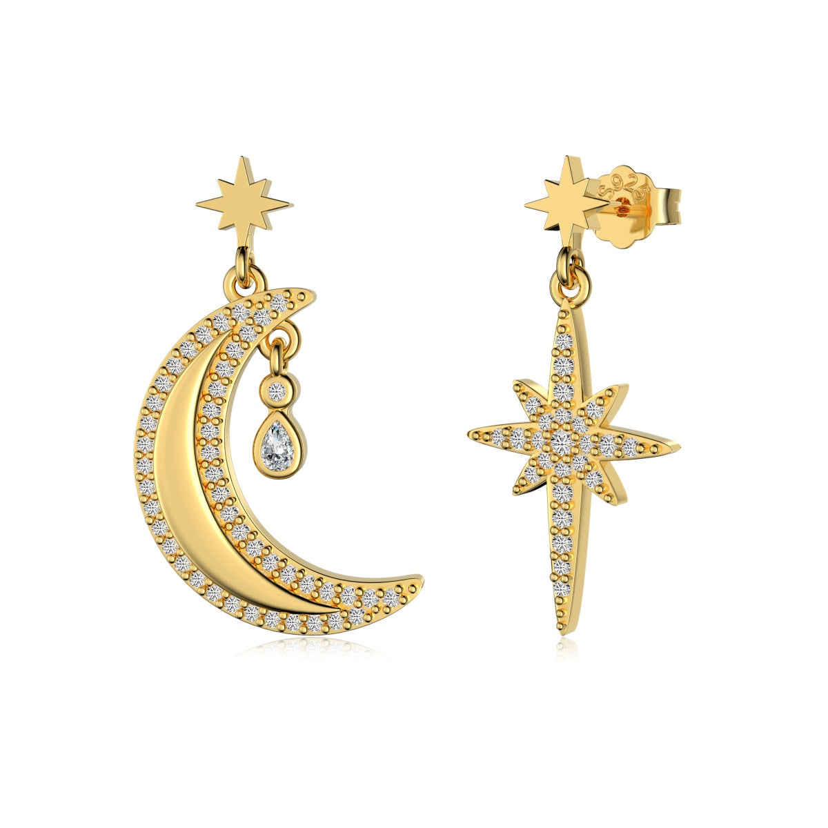 Instagram-Worthy 925 Sterling Silver Star Earrings with 18K Yellow Gold Plating &amp; Cushion Cut Sona Simulated Diamonds