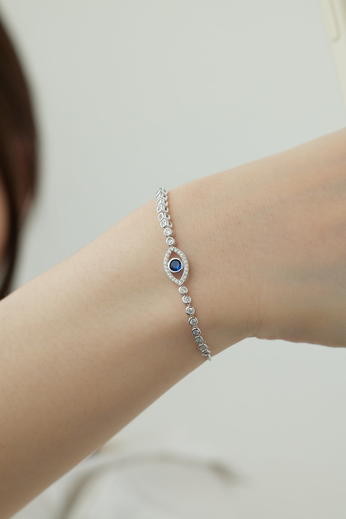 925 Sterling Silver Evil Eye Bracelet with 18K White Gold Plating &amp; Sona Simulated Diamonds