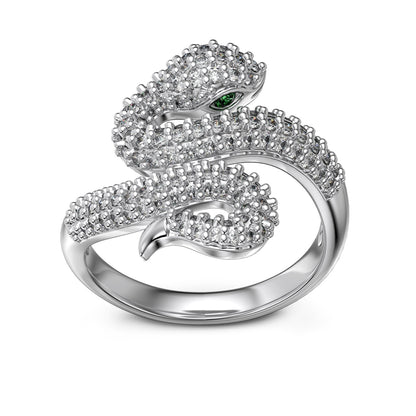 Astral Trace Collection S925 Sterling Silver Snake Ring with White and Green Sona Simulated Diamonds - BlingHealing