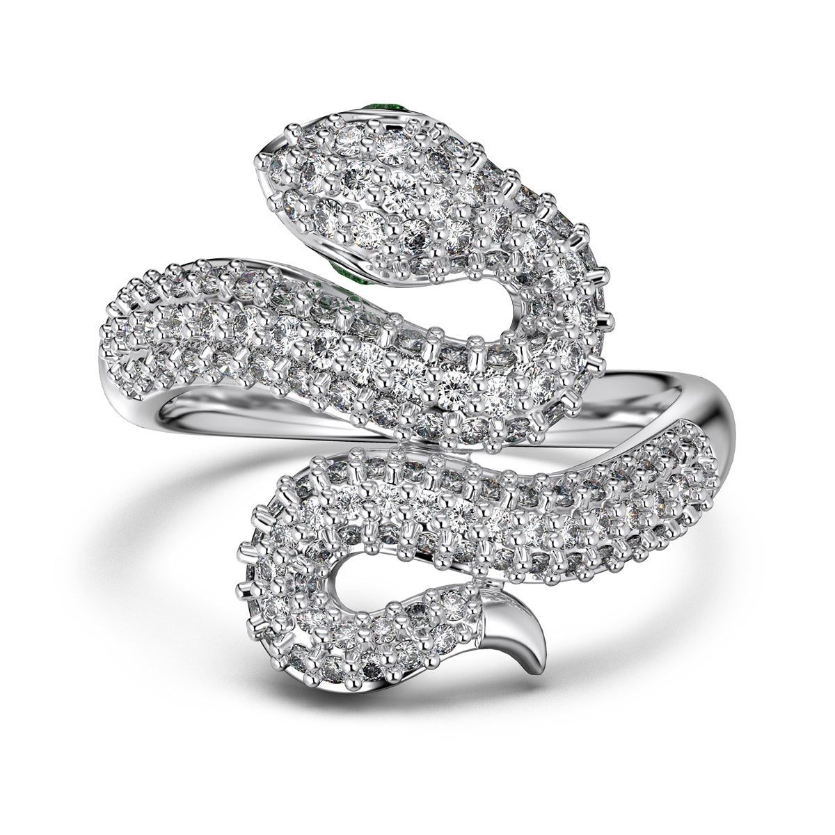 Astral Trace Collection S925 Sterling Silver Snake Ring with White and Green Sona Simulated Diamonds - BlingHealing