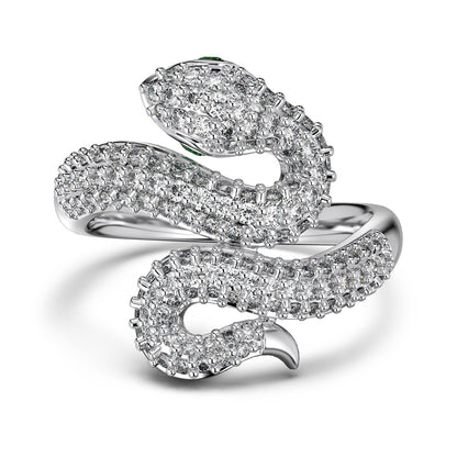 Astral Trace Collection S925 Sterling Silver Snake Ring with White and Green Sona Simulated Diamonds - BlingHealing