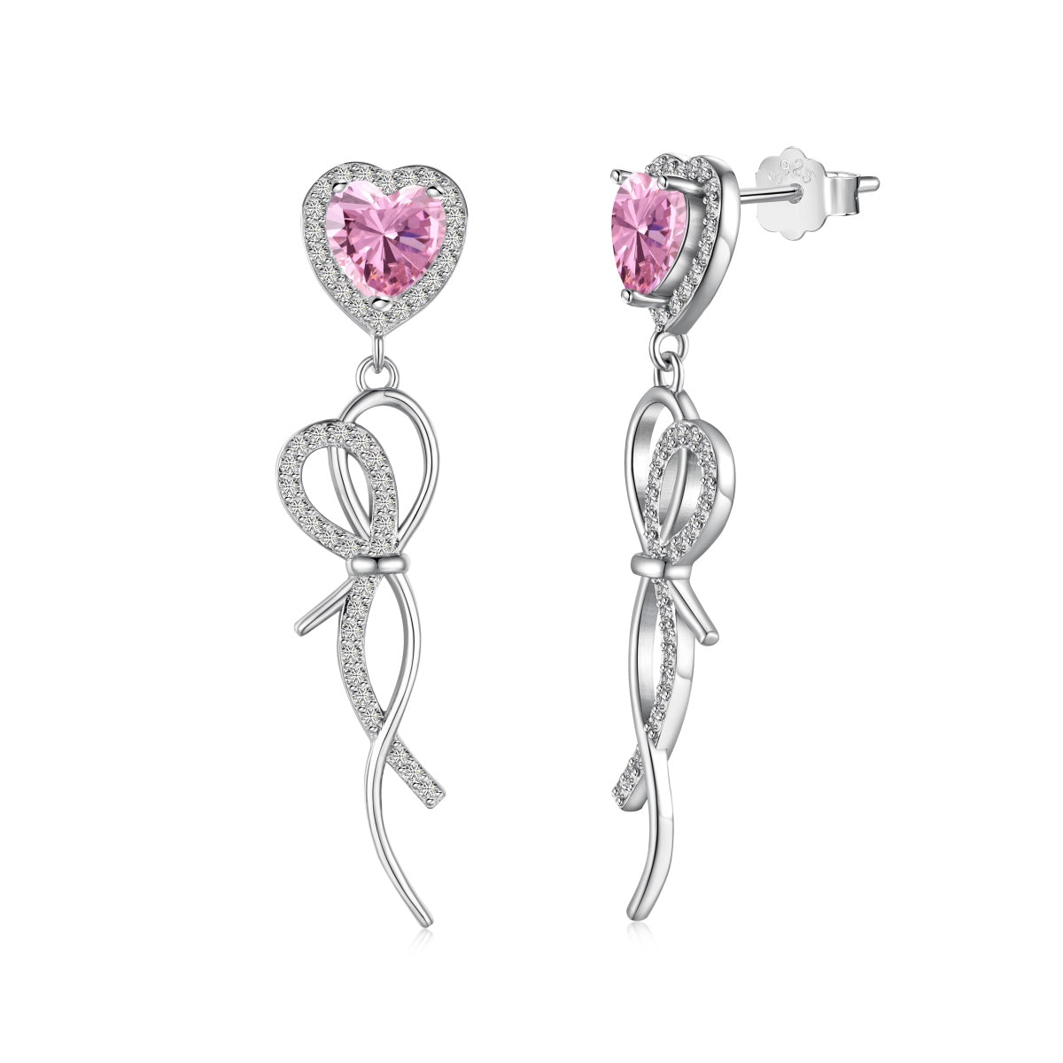 Ice Aura Series - 925 Sterling Silver Pink Heart-Cut Sona Simulated Diamond Bow Ribbon Earrings