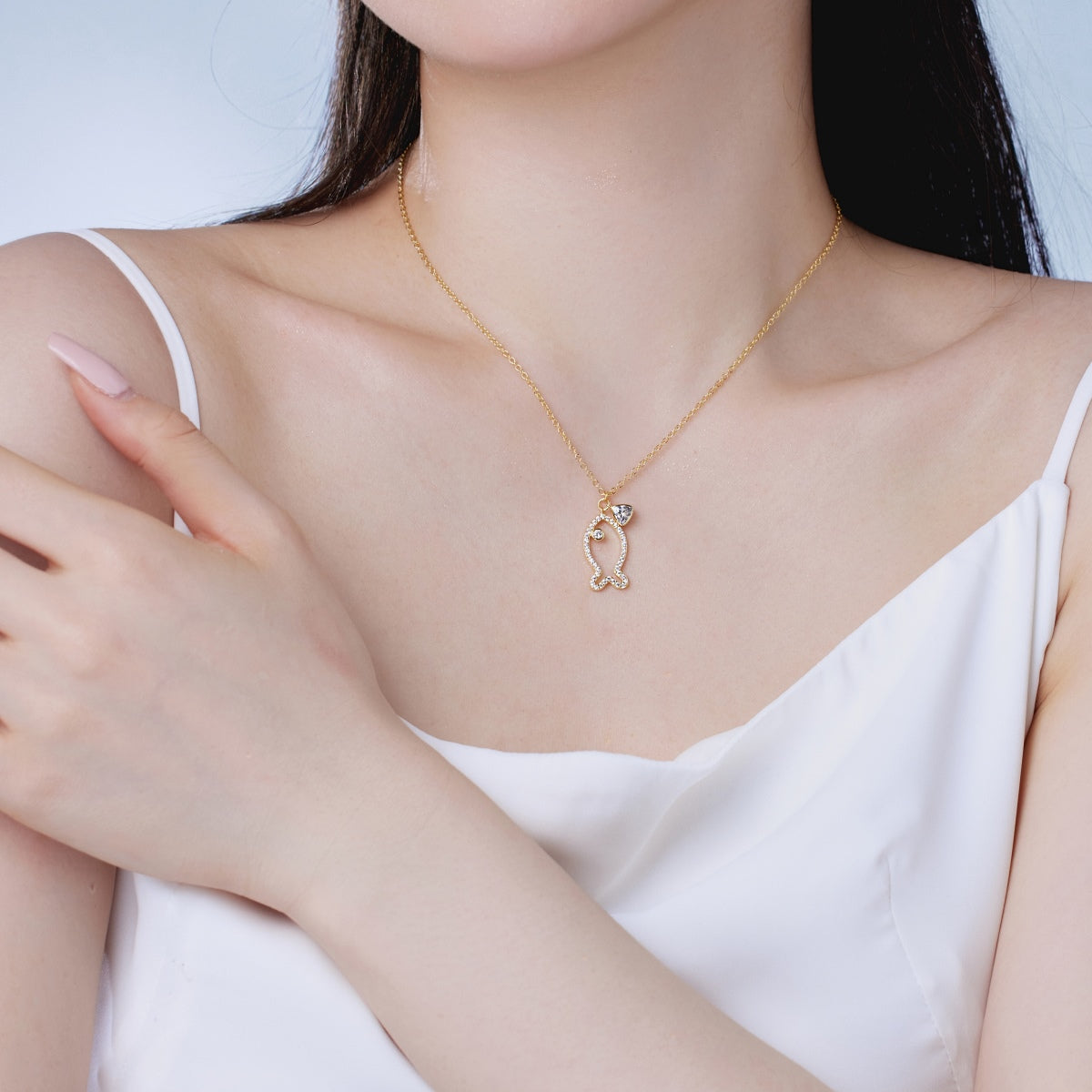 Summer Ocean Series: S925 Silver 18K Yellow Gold Plated Necklace with White Zircon Inlaid Fat Triangle and Hollow Little Fish - Exquisite, Stylish, and Versatile