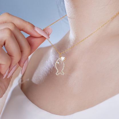 Summer Ocean Series: S925 Silver 18K Yellow Gold Plated Necklace with White Zircon Inlaid Fat Triangle and Hollow Little Fish - Exquisite, Stylish, and Versatile