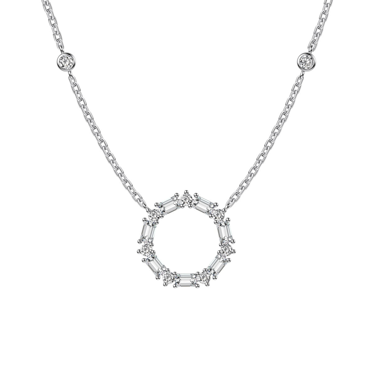 Ice Aura Series S925 Sterling Silver Women's Necklace with White Sona Simulated Diamonds in Emerald Cut - Fashionable Hollow Circle Design