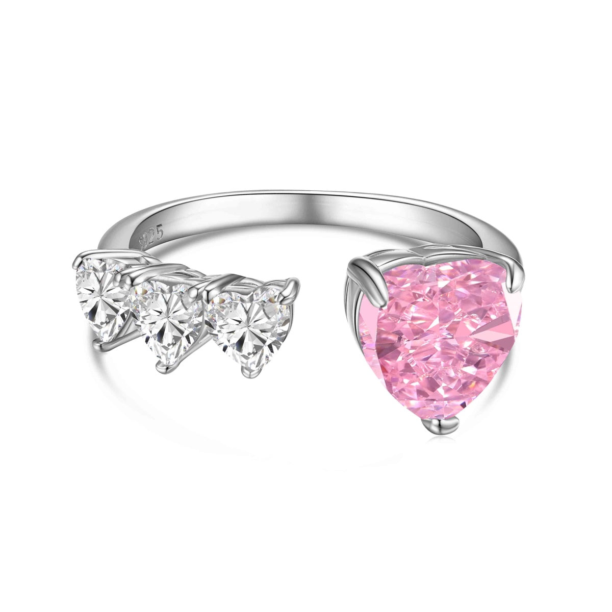 BlingHealing S925 Sterling Silver 18K White Gold Plated Pink & White Heart-Shaped Sona Simulated Diamond Hollow-Out Design Ring