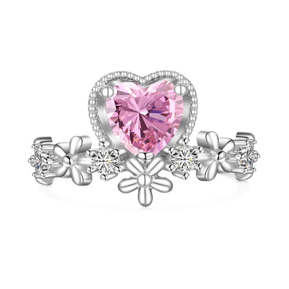 Astral Trace Collection S925 Sterling Silver 18K White Gold Plated Pink Heart-Cut Sona Simulated Diamond Flower Design Ring - BlingHealing