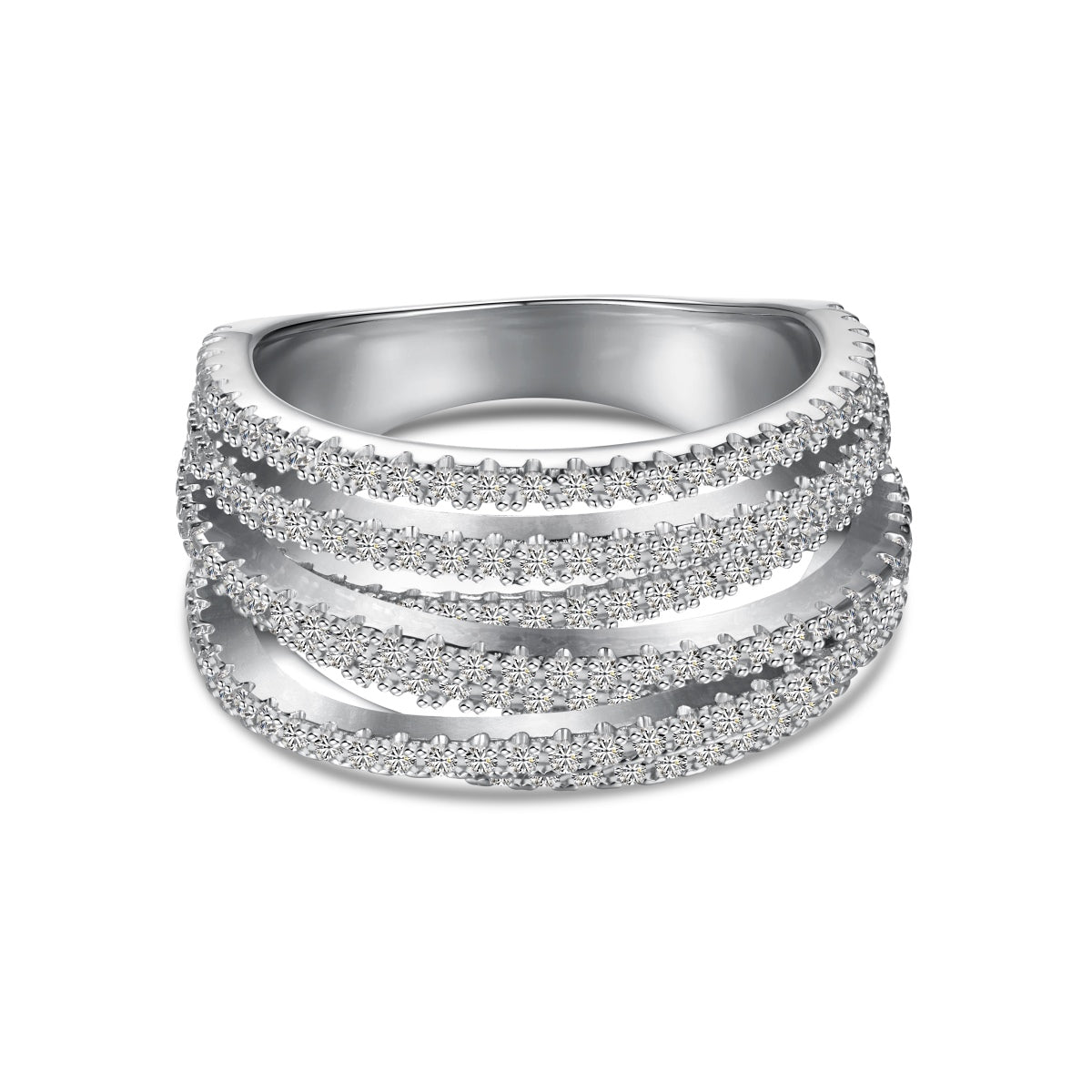 Astral Trace Series: S925 Sterling Silver Multi-Layered Irregular Cutout Ring with Round White Zirconia