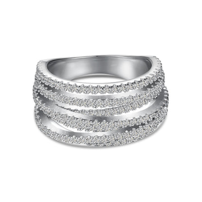 Astral Trace Series: S925 Sterling Silver Multi-Layered Irregular Cutout Ring with Round White Zirconia