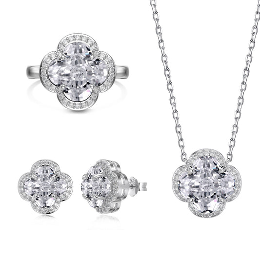 Ice Aura Collection S925 Sterling Silver Clover Ring, Earrings & Necklace Set for Women with Simulated Diamond