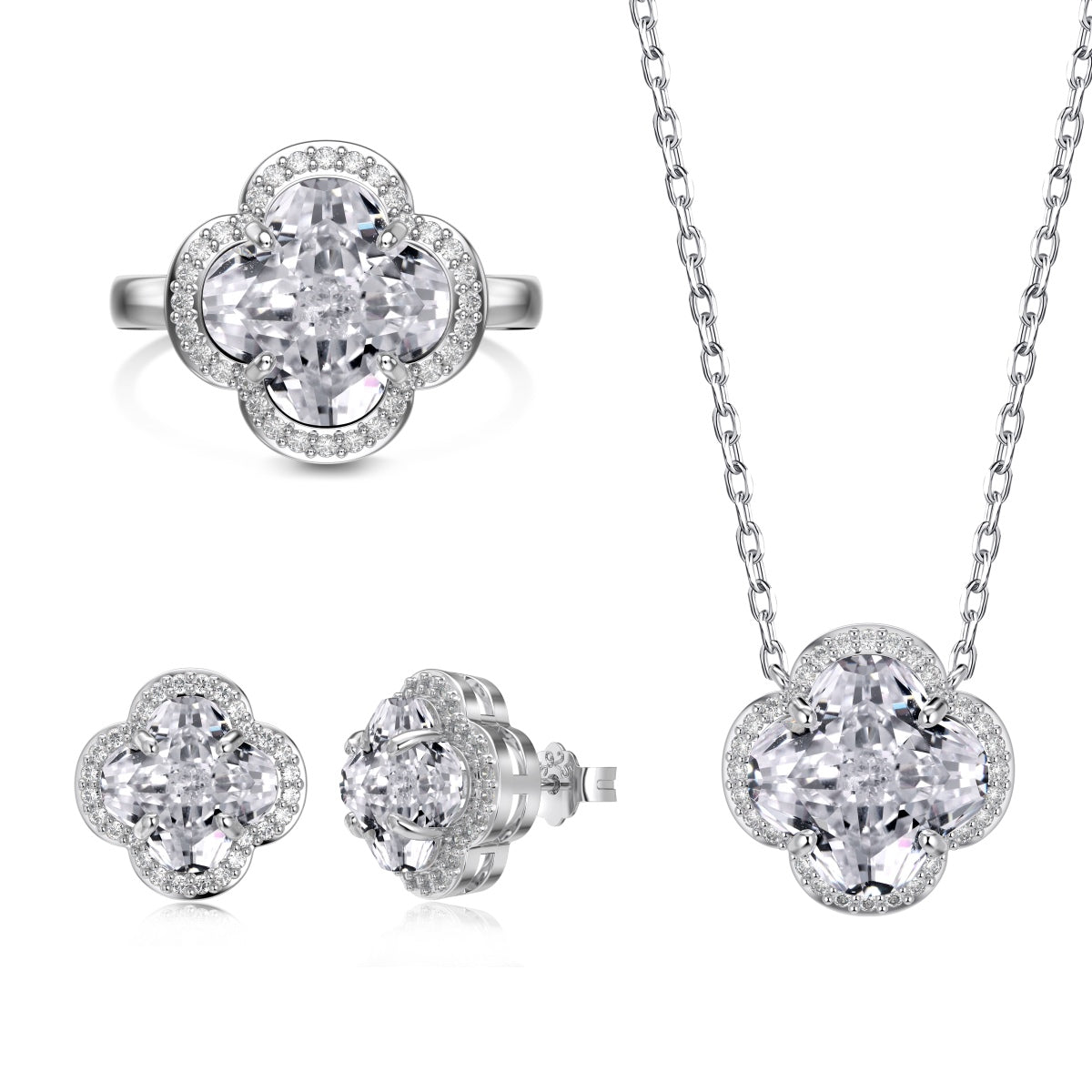 Ice Aura Collection S925 Sterling Silver Clover Necklace Set for Women with Simulated Diamond