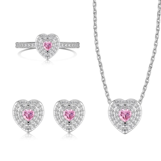 Ice Aura Series S925 Sterling Silver Delicate Pink Heart Sona Simulated Diamonds Women's Jewelry Set